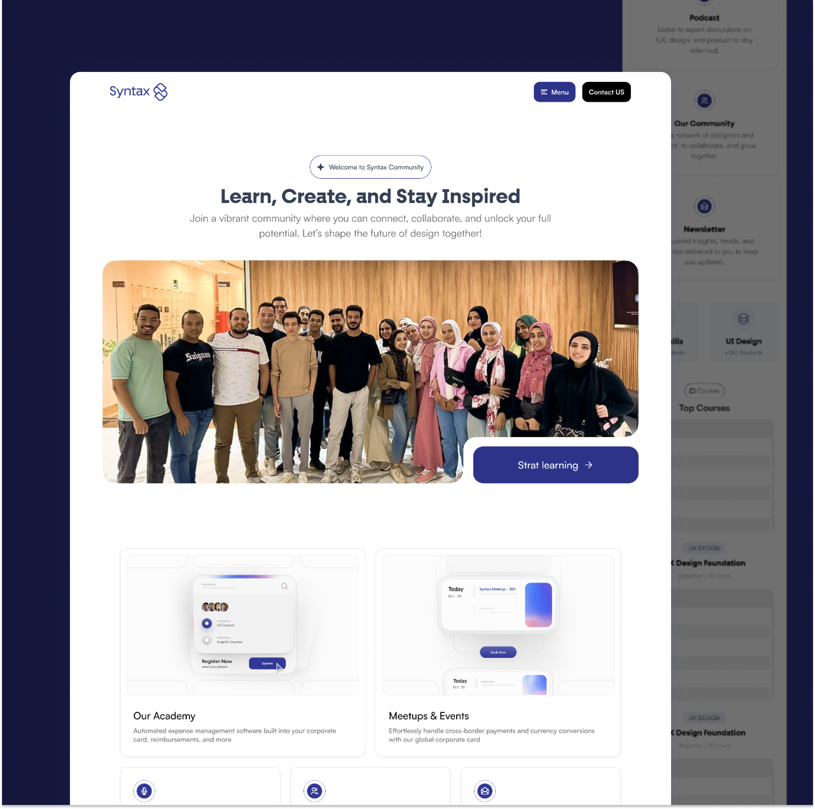 Website Header for Education Community: Syntax education interface landing ui website
