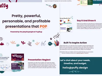 Puffy Landing agency branding conferences cute cute fish logo marketing pitch decks presentations puffer fish rough edges slides text logo website