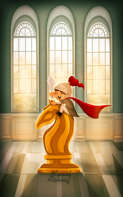 A knight on a Chess Board cartoon character design chess children books children illustration concept art digital art digital painting illustration kids kinght visual art