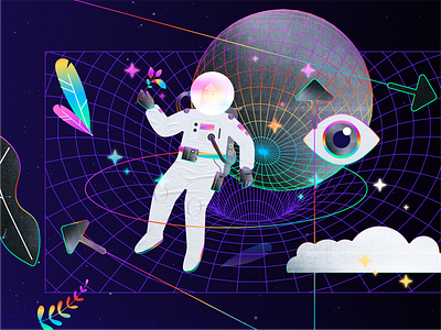 Wander the Wonderverse Illustration artwork astronaut blog cosmonaut dao figma flower globe header illustration plants portal prism psychedelic rainbow space surreal web3 wireframe wormhole