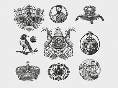 Emblems Set bird crest crown emblem etching illustration lion logo retro scratchboard set vintage