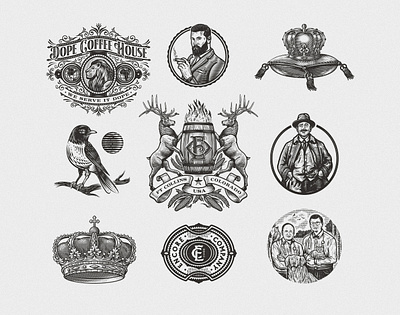 Emblems Set bird crest crown emblem etching illustration lion logo retro scratchboard set vintage