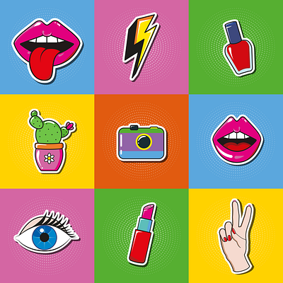 Pop art style stickers design illustration popart stickers style vector