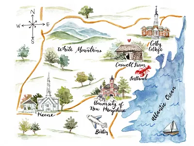 New Hampshire & Maine Watercolor Map boston caswell farm colby college custom stationery gouache handdrawn ink keene keene state college new hampshire portland maine topography university of new hampshire watercolor map white mountains