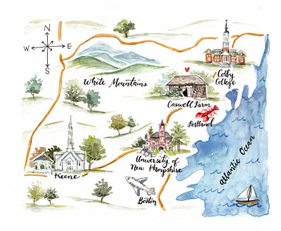 New Hampshire & Maine Watercolor Map boston caswell farm colby college custom stationery gouache handdrawn ink keene keene state college new hampshire portland maine topography university of new hampshire watercolor map white mountains