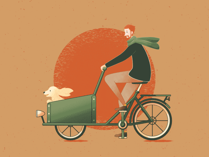 Bike 2d animation aftereffects animation bicycle bike brown dog gif green green bike illustrator motion design motiongraphics orange retro scarf wind