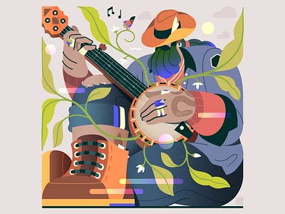 Birds, Plants & Music - The Banjo Player banjo bird birds chill fashion flat flowers gaspart guitar hat illustration instrument music musician nature plant plants sit tattoo vector