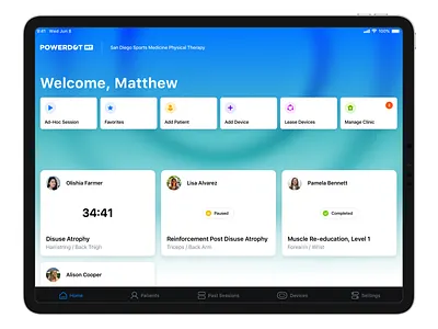 Home Active Sessions active app cards clinic dashboard doctor health healthcare home ipad