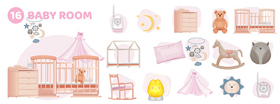 Baby room compositions set accessory baby illustration realistic room vector