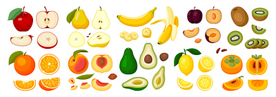 Fresh fruits set flat fruits illustration sliced vector whole