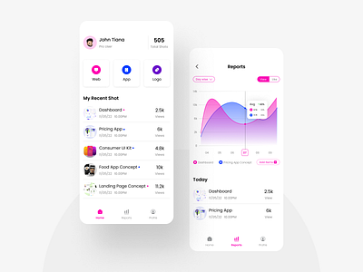 🕹Design Shots App Concept #02 add blue chart clean creative design filter graph home screen hover line chart minimal option pink recent report screen reports shot ui ux