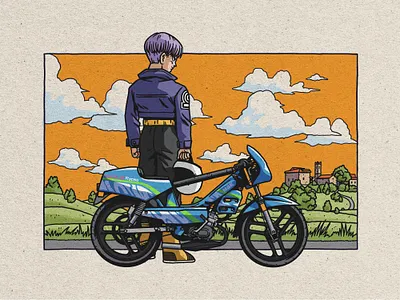 Trunks X MBK Magnum Racing 1994 akira toriyama anime bike bikeillustration countryside cyclo design dragonballz drawing gers illustration manga mangaart mangadesign mbk moto ride texture trunks vintage