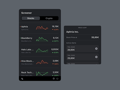 📈 Stocks & Crypto Screener animation app blockchain crypto dark theme light theme ui switch design desktop finance fintech graph interactive mac os menu bar menu bar app money navigation tabs stocks trading ui user interface ux