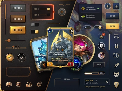 Legends of Runeterra UI Elements buttons card game design dropdown illustration league of legends scroll bar skeumorphic slider typography ui