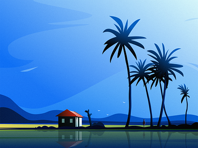 Coconut Tree bird cloud design grass house illustration mountain people sky tree