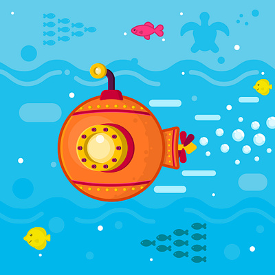 SubMarine 01 blue bubbles cute design fishes flat illustration kids minimal orange submarine undersea underwater vector vector illustration vectorart water yellow