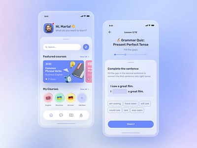 Learning Platform Mobile App animation app app design application blur cards ui course design gradient illustration language mobile typography ui ui elements ux vector