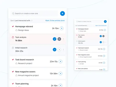 Time Tracker Dropdown Concept drawer mobile app design mobile ui modal box pause play search bar sorting time tracker time tracking time tracking app