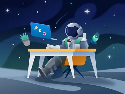 Space Desk 🌕🚀 algardata astronaut character design chill desk gravity helmet illustration laptop lava lamp moon productivity space spacesuit stars working