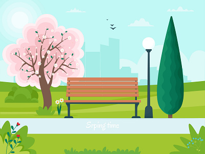 Spring landscape with bench in the park and a flow april background banner bench blossom city cityscape flat illustration landscape march outside park sakura spring streetlight town trees vector