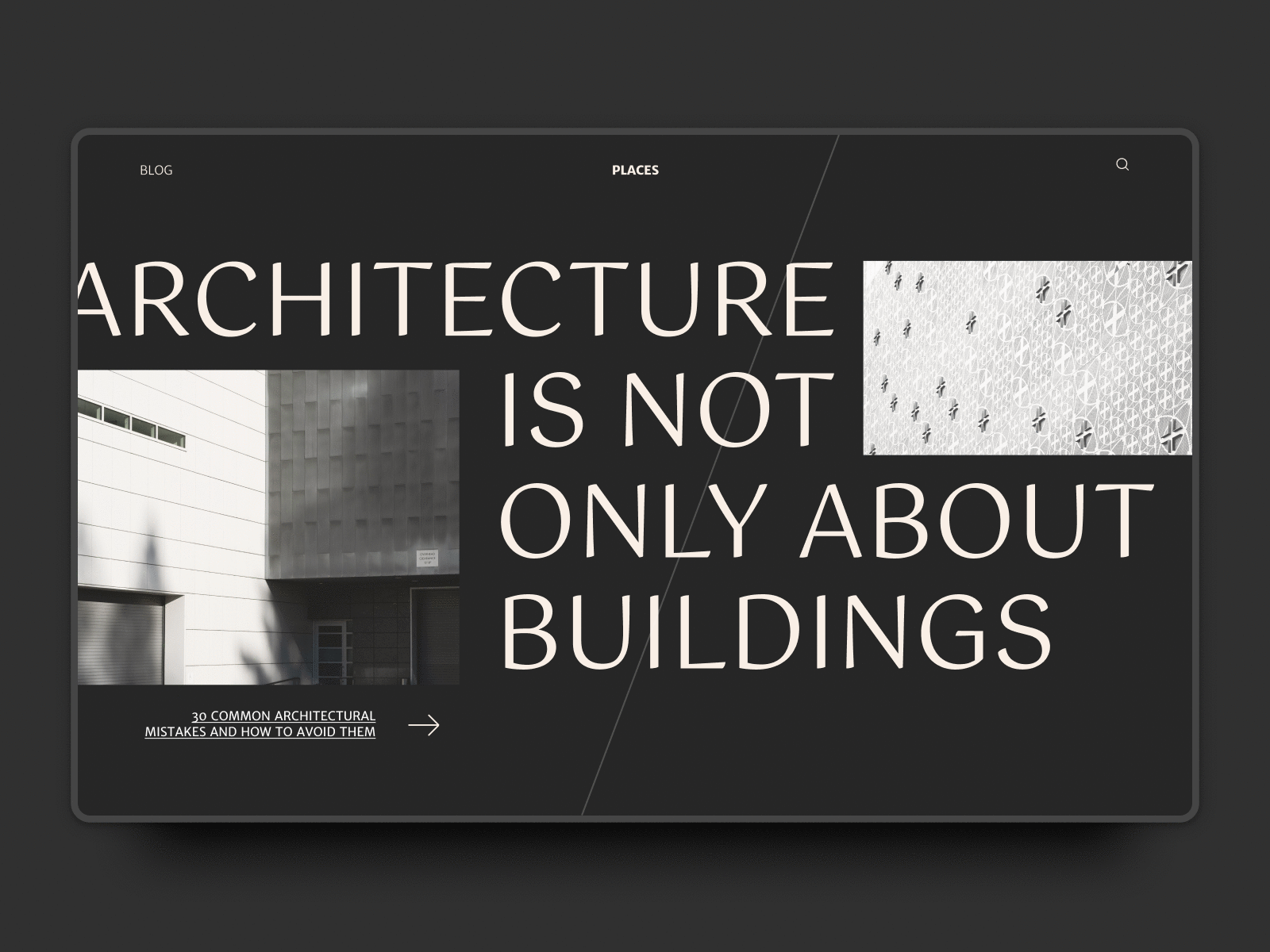 Architecture blog typography landing page hero section 30daysofwebdesign architecture blog concept dark design desktop figma hero hero section interface landing page minimalist responsive typo typography ui website website concept