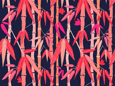 Bamboo pattern in red asian bamboo black dark design flat floral forest hand drawn illustration jungle nature orange pattern plant red surface design tree tropical vines
