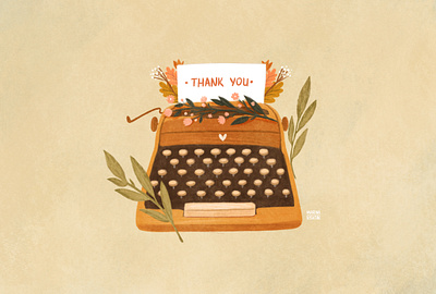 Thank you note branding brown cozy design digital art flowers green illustration leaves logo note postcard design texture thank you thank you card thank you page typewriter vintage yellow