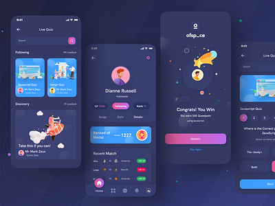 Quiz Mobile app I Ofspace blue dark dark ui design edutech gradient ios app leaderboard live quiz mobile mobile app design mobile ui online learning quiz quiz app rank task ui ux