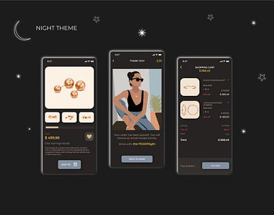 The MOONlight jewerly store app branding design figma jewerly mobile app design new night mode shopping cart store thank you ui ux