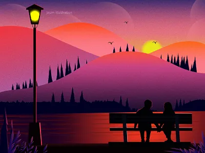 Sunset blue couple evening fantasy hill illustration landscape landscape illustration landscapes light light post mountain nature art nature illustration romance sun sunset texture tree vector