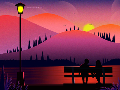 Sunset blue couple evening fantasy hill illustration landscape landscape illustration landscapes light light post mountain nature art nature illustration romance sun sunset texture tree vector