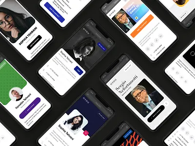 Different card designs. Screens for OVOU Smart Business Card add to contact card design contact contact sharing corporate profile ecommerce minimalism mobile design mobile ui profile profile card profile design profile page share contact smart business card template theme ui uidesign web