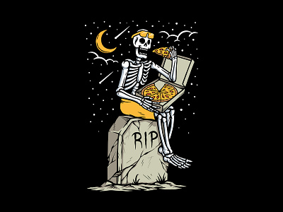 skull eating pizza at grave chill chilling clothing dead death design devil eat enjoy fantasy ghost grave horror illustration night pizza relax rip skeleton skull