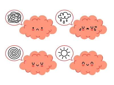 Brain mood set behavior biochemistry brain cartoon character concept cute depression emotion feeling happy harmony illustration kawaii mind mood positive psychology sad unhappy