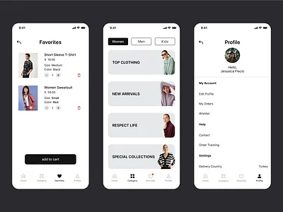 E-commerce Clothes Mobile App branding category app design fashion favorite favorites mobile app product design profie settings settings ui ui ui challange ux