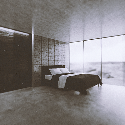 3D Render: Room With A View architectural architecture black and white blender blendercycles concrete grain interior interiordesign minimalism minimalismus photoshop texture view wood