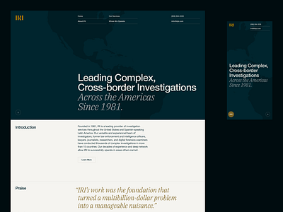 IRI — Home america desktop grid hero investigations investigative research iri law legal map masthead mobile quote typography ui ux web design