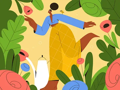 Garden 2d bird characterdesign characters flat flower garden girl hobby illustration people plant shape texture vector