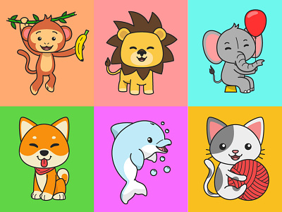 Cute Animal Collections animal cartoon cat character children cute dog dolphin elephant flat illustration lion monkey vector