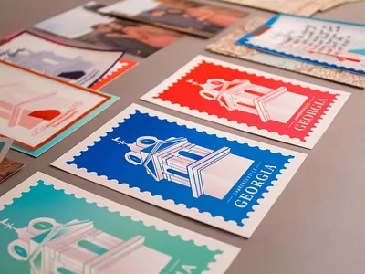 Postcard Set | Lawrenceville, GA atlanta blue branding clock clocktower designs geometric georgia gradient identity illustration invitation mail pink postcard shapes stamp time typography