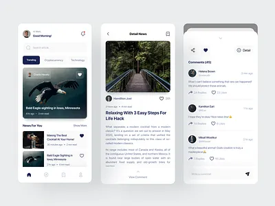 News Reading Mobile App 3d bookmark card clean comment design flat header like minimal mobile app mockup news news reading reply ui ui mobile uiux user interface ux