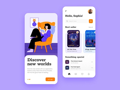 Book app animated animation app application audio book audiobook book design desire agency graphic design illustration mobile mobile app motion motion design motion graphics orange reading ui violet