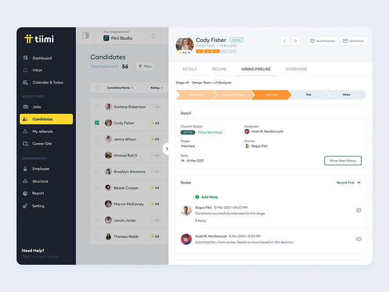 Tiimi - Candidate Detail for a SaaS HR Management System candidate dashboard detail employee hiring hr hrd hrm hrs human resources job management manager organization pipeline profile saas saas design web design webapp