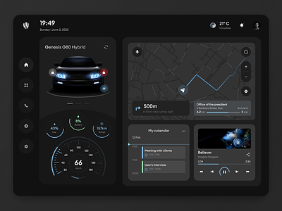 The car dashboard 3d app calendar car car interface clean dark dashboard design illustration interface map model panel road route ui ux