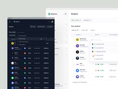 Sisyphus™ — dashboard table filtering cells dark mode dashboard dashboard ui filter filtering inter light mode modal product design responsive saas settings table design table layout tables tabs tabulation tailwind web app