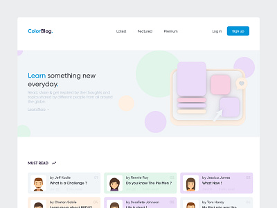ColorBlog - Web 3d adobe xd blocks blog color palette dribbble feed homepage landing page minimal newsfeed read share skill mix topics uidesign uiux uxdesign webdesign