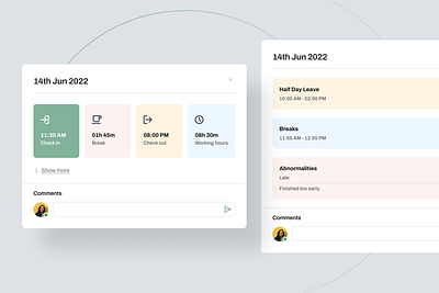 Employee Check-In HR Software Modal Design attendance break check in check out comment dashboard employee employee attendance employee check in employee database headcount hr hr software human resource modal product saas software as a service ui working hours