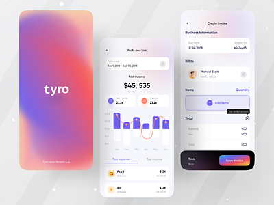 Tyro Financial App I Ofspace accounting app design application billing bills chart finance app fintech fintech app gradient graph invoicing invoicing app mobile mobile design money money app ofspace agency statistics