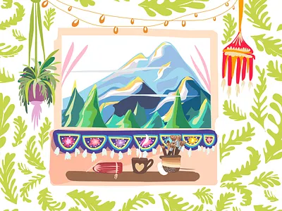 view from window1 boho foliage hill hills seamless pattern seamless patterns seamlesspattern summer summertime vector vector art vector illustration vectors window