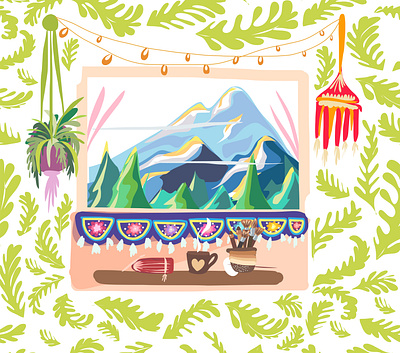 view from window1 boho foliage hill hills seamless pattern seamless patterns seamlesspattern summer summertime vector vector art vector illustration vectors window